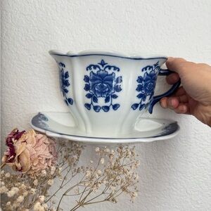 Blue & White Tea Cup Saucer Wall Pocket Planter Pottery Ceramic